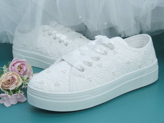 White Bridal Lace and Pearl Plarform Wedding Trainers - Crystal Shoe Designs