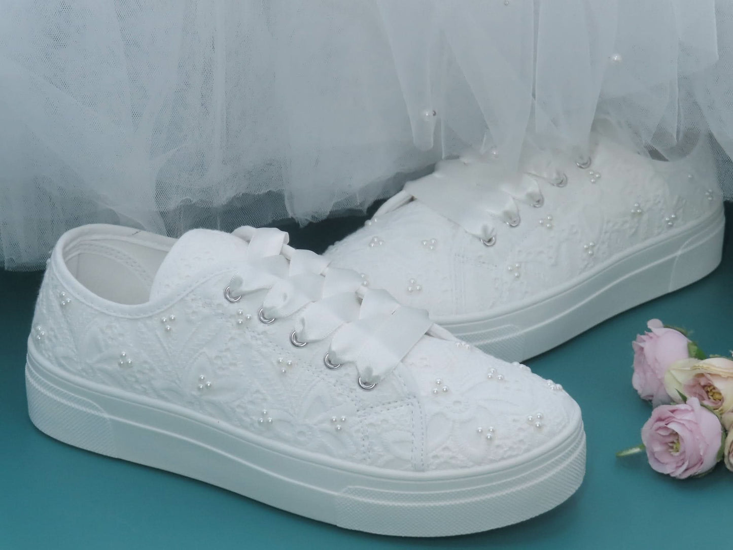 White Bridal Lace and Pearl Plarform Wedding Trainers - Crystal Shoe Designs