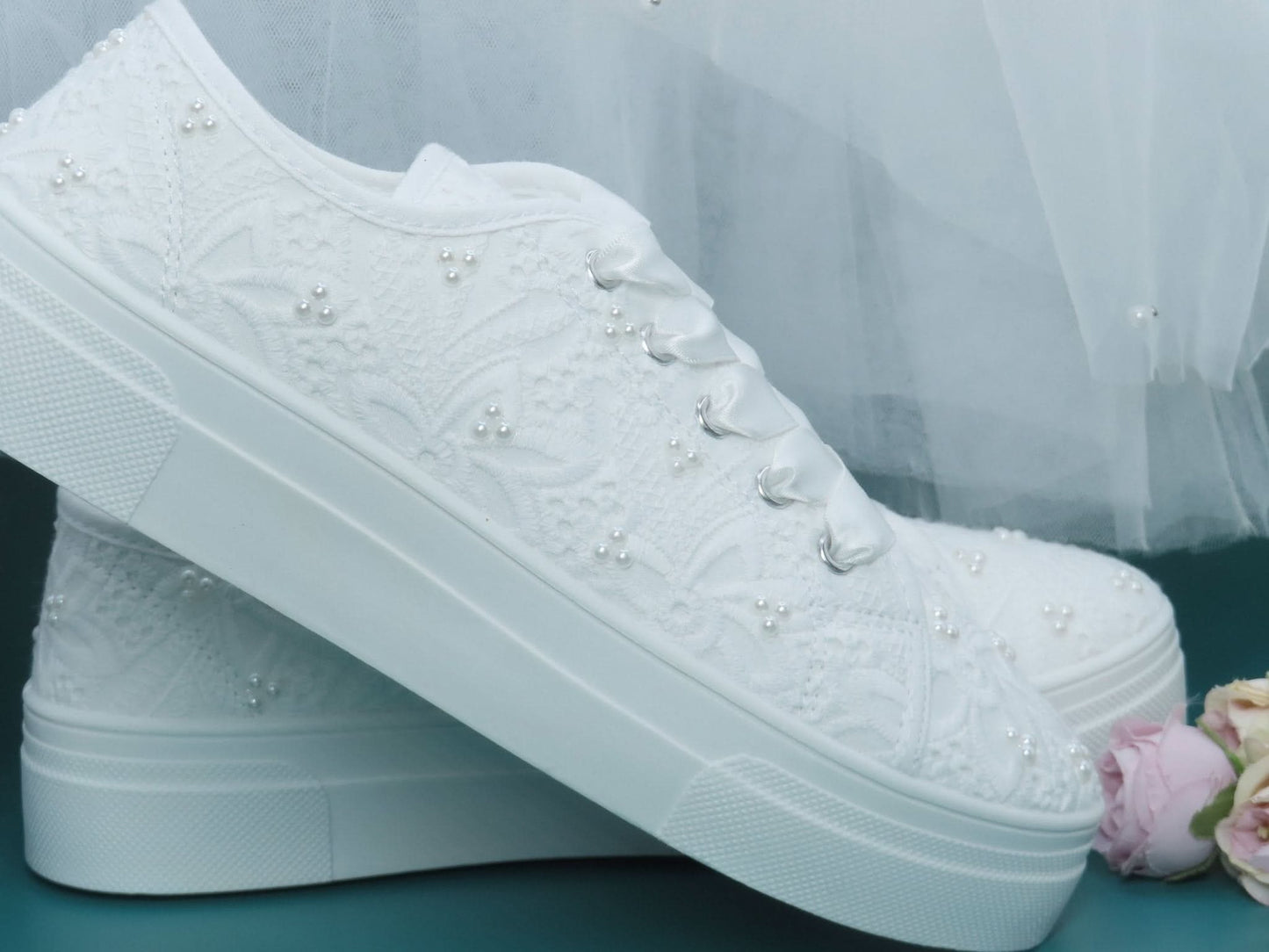 White Bridal Lace and Pearl Plarform Wedding Trainers - Crystal Shoe Designs