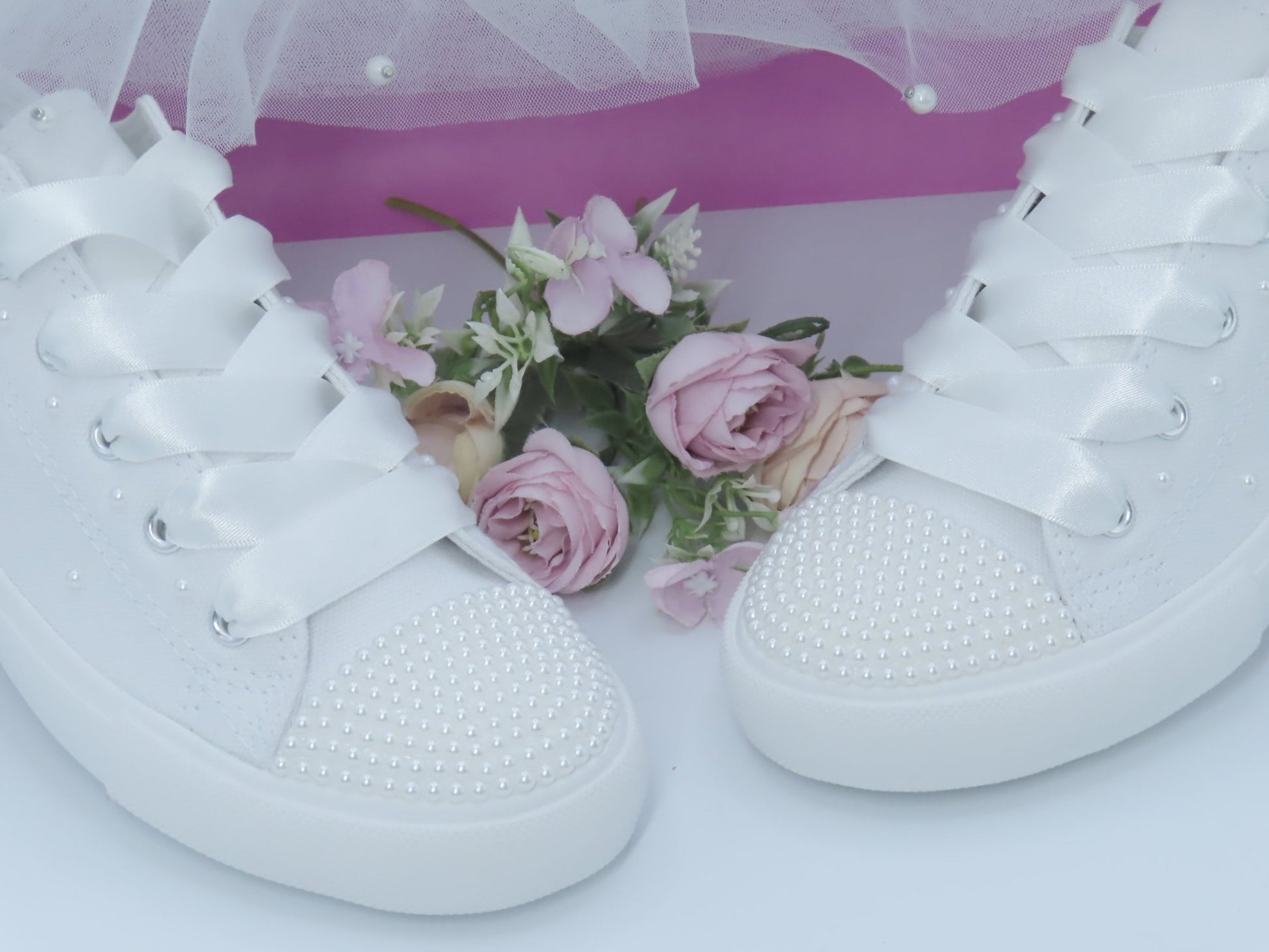 White Pearl Canvas Wedding Trainers for Brides. - Crystal Shoe Designs