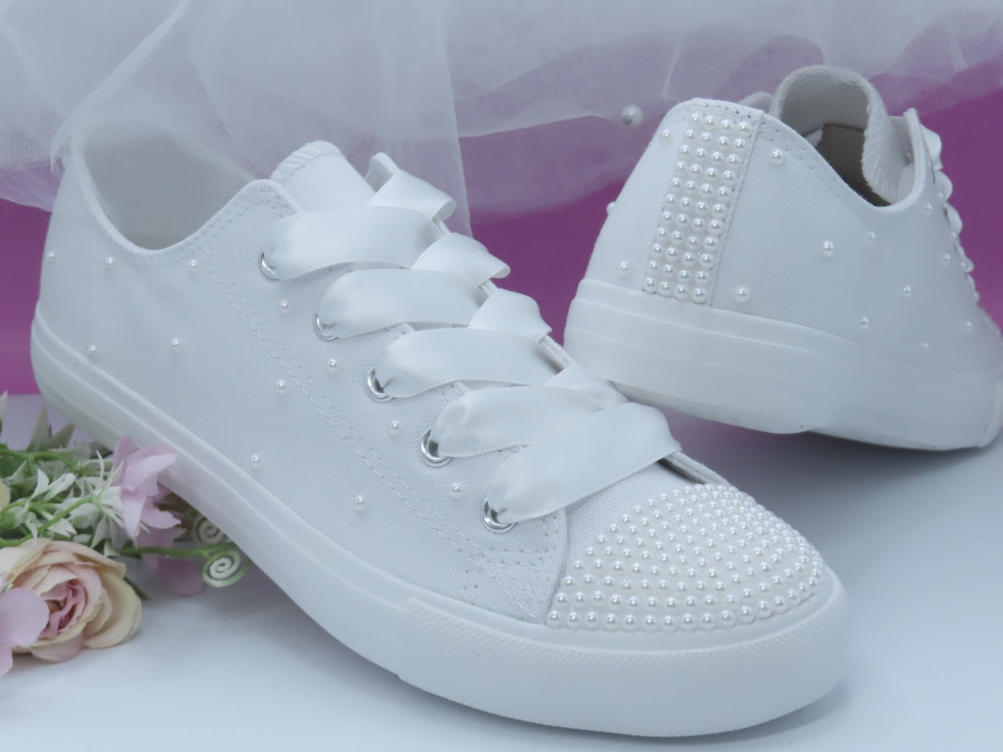 White Pearl Canvas Wedding Trainers for Brides. - Crystal Shoe Designs