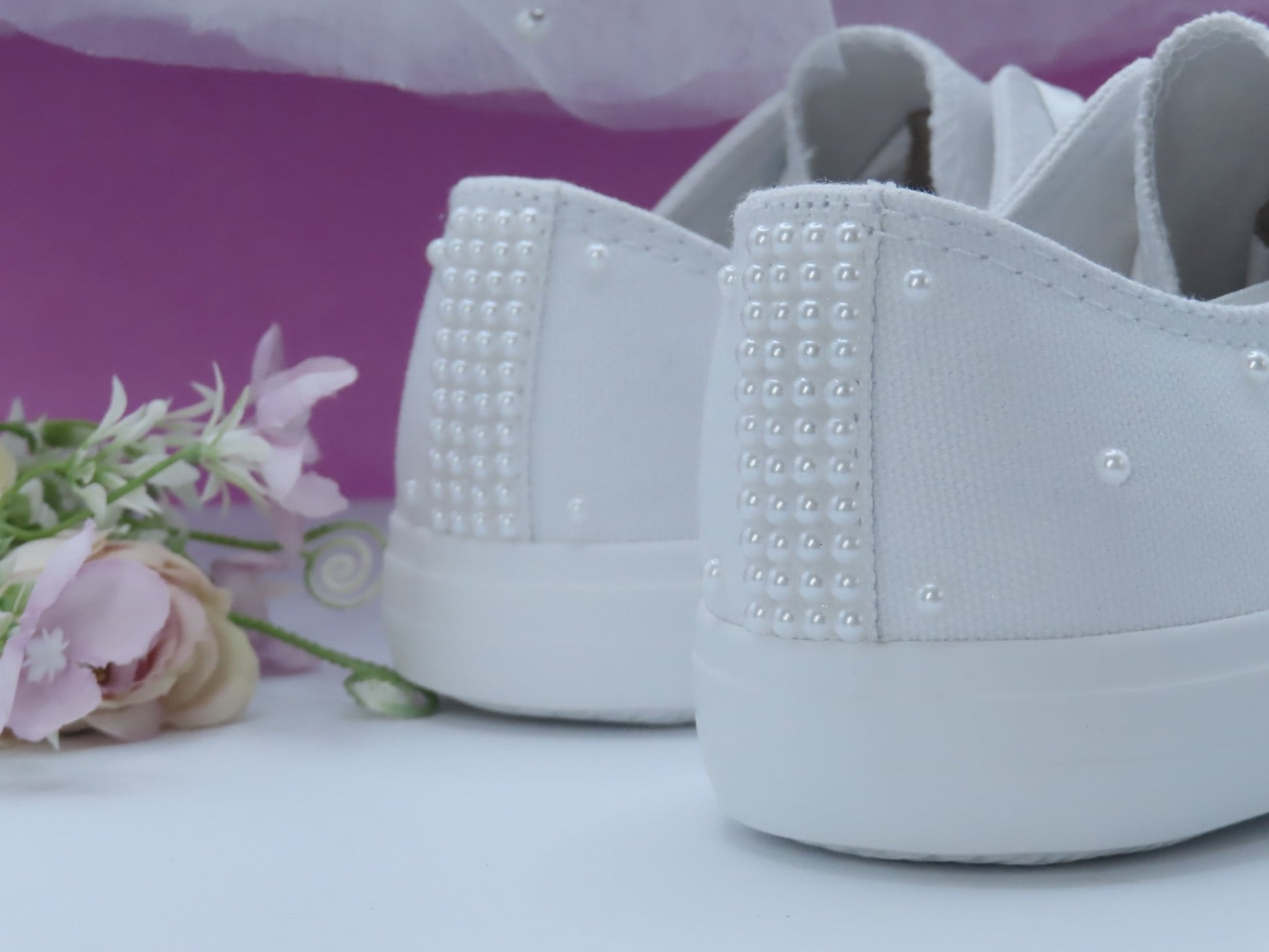 White Pearl Canvas Wedding Trainers for Brides. - Crystal Shoe Designs