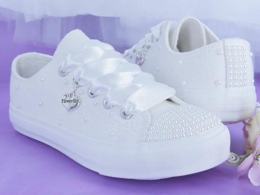 White Pearl flower Girl Trainer Shoes - Crystal Shoe Designs