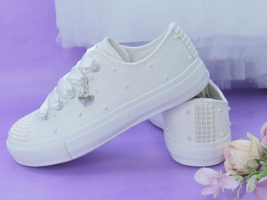 White Pearl flower Girl Trainer Shoesp - Crystal Shoe Designs