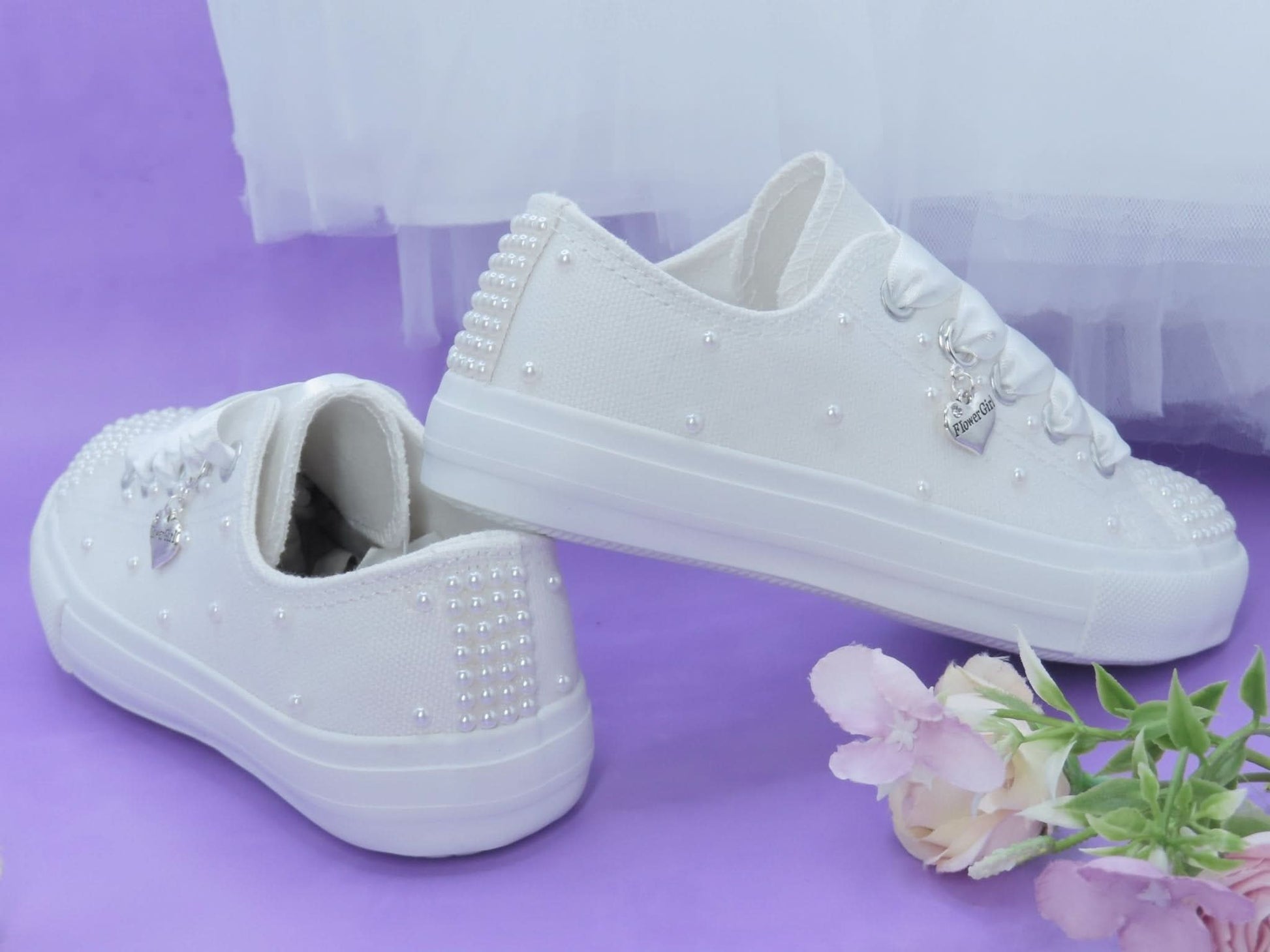 White Pearl flower Girl Trainer Shoesp - Crystal Shoe Designs