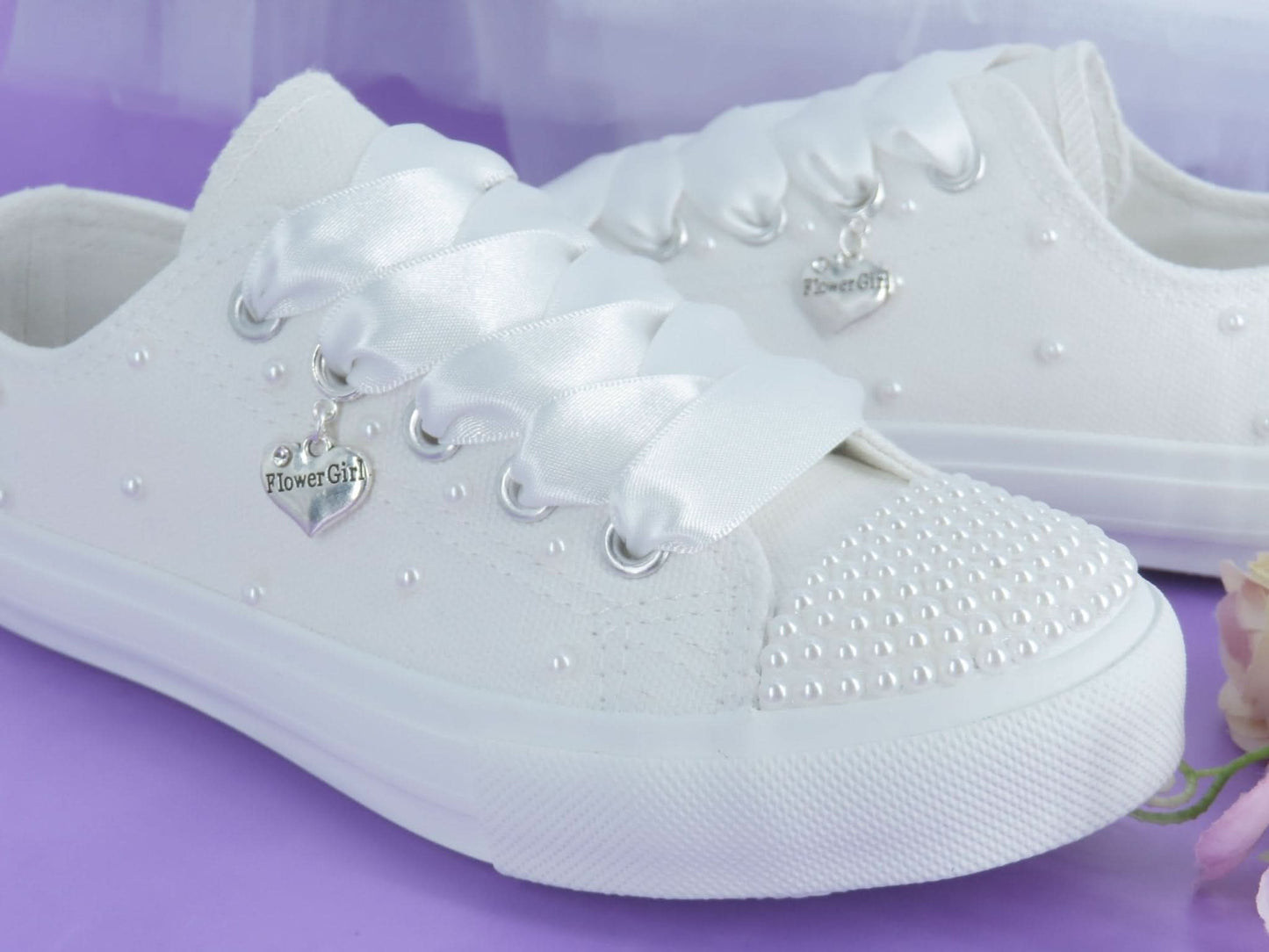 White Pearl flower Girl Trainer Shoesp - Crystal Shoe Designs