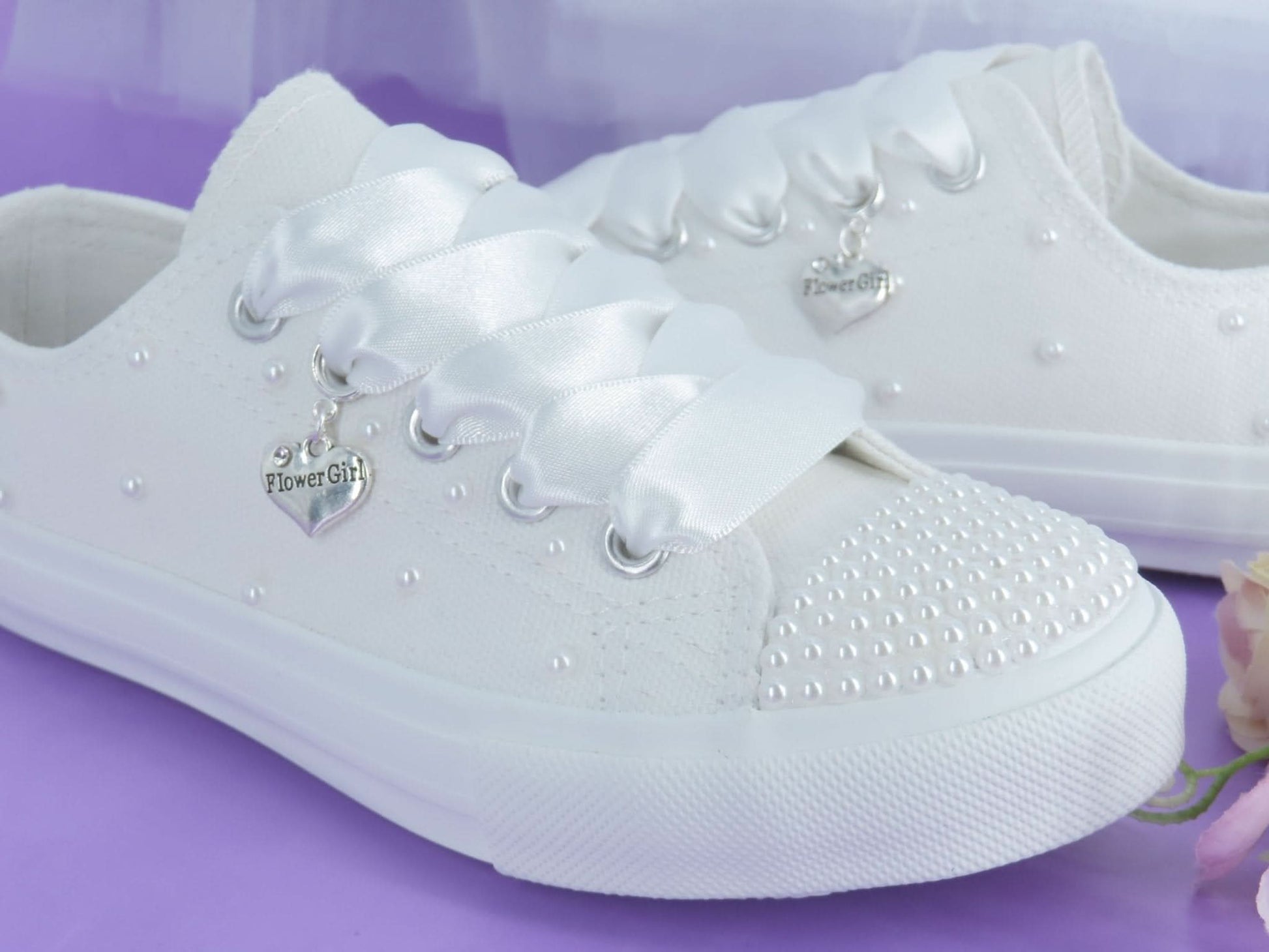 White Pearl flower Girl Trainer Shoesp - Crystal Shoe Designs