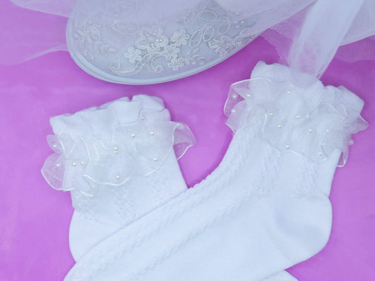 White Pearl Frill Wedding Socks - Crystal Shoe Designs