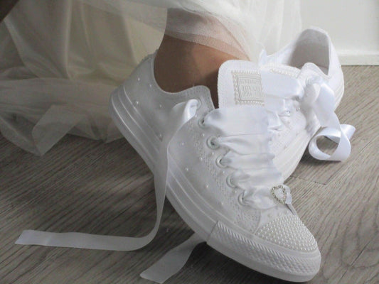 White Pearl Wedding Converse - Crystal Shoe Designs