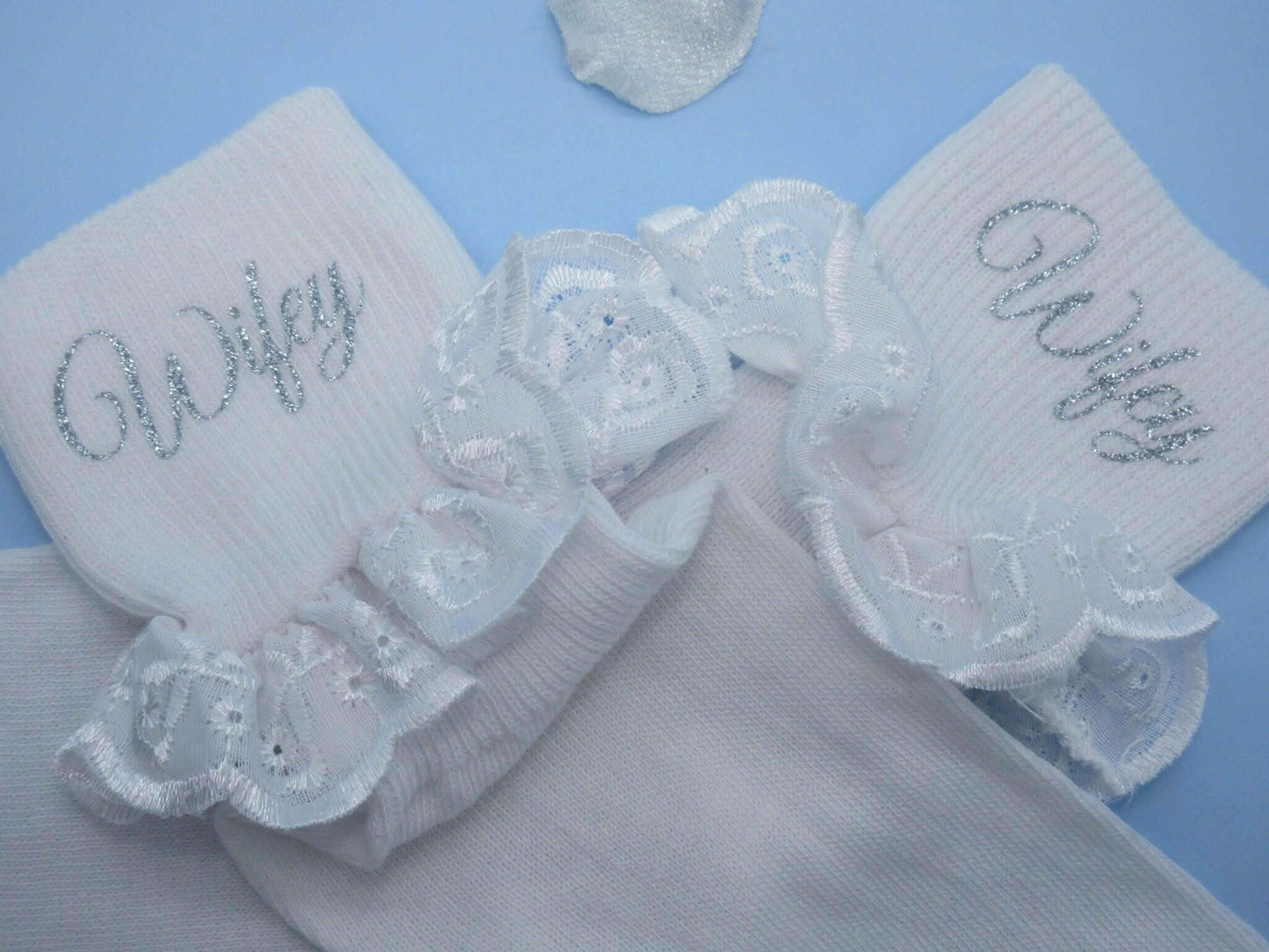 "Wifey" Personalised Bridal Frill Socks, - Crystal Shoe Designs